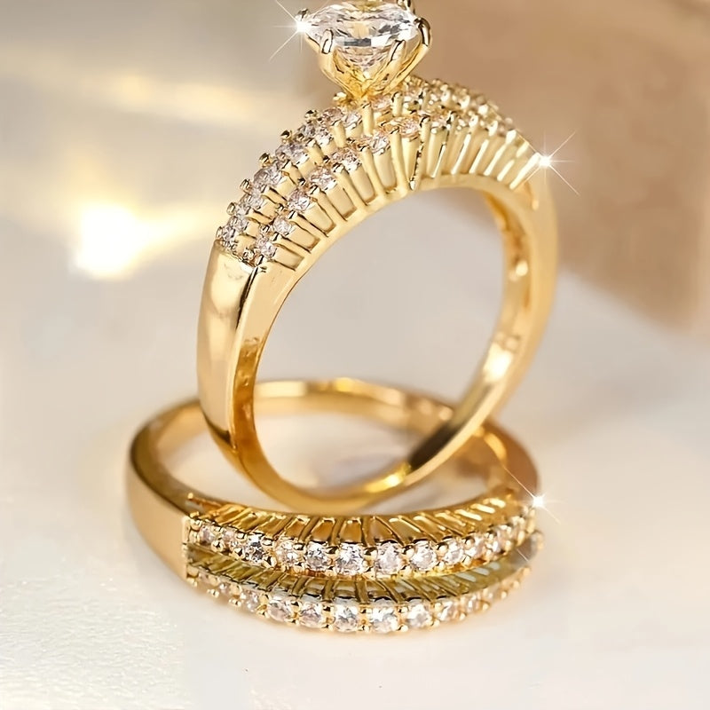A Set of Two Detachable Couple Engagement Rings Made of 18K Gold-Plated Copper, Featuring Sparkling Synthetic Zirconia, Suitable for Everyday Wear by Both Men And Women. Jewelry Precision