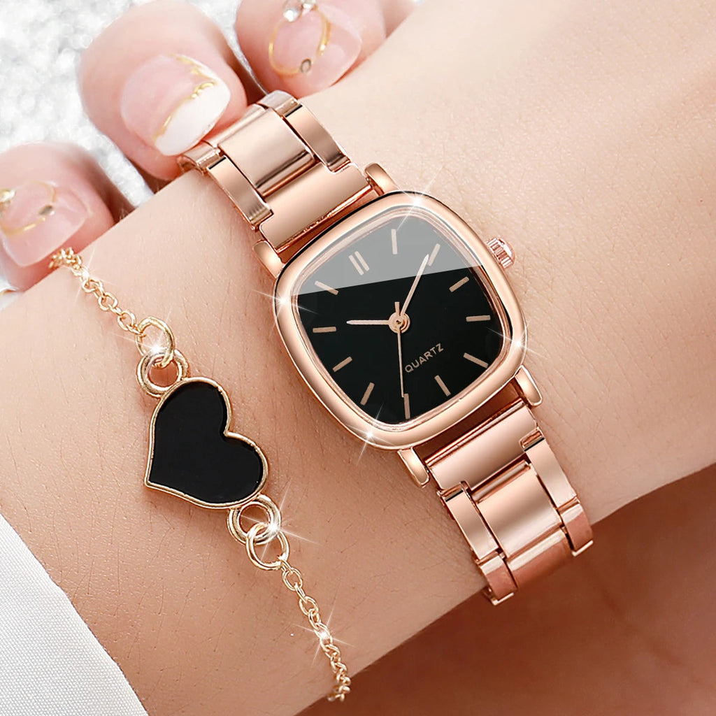 2PCS/Set Women's Watch Fashion Square Stainless Steel Band Quartz Watches Heart Bracelet Set Jewelry Precision