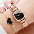 2PCS/Set Women's Watch Fashion Square Stainless Steel Band Quartz Watches Heart Bracelet Set Jewelry Precision