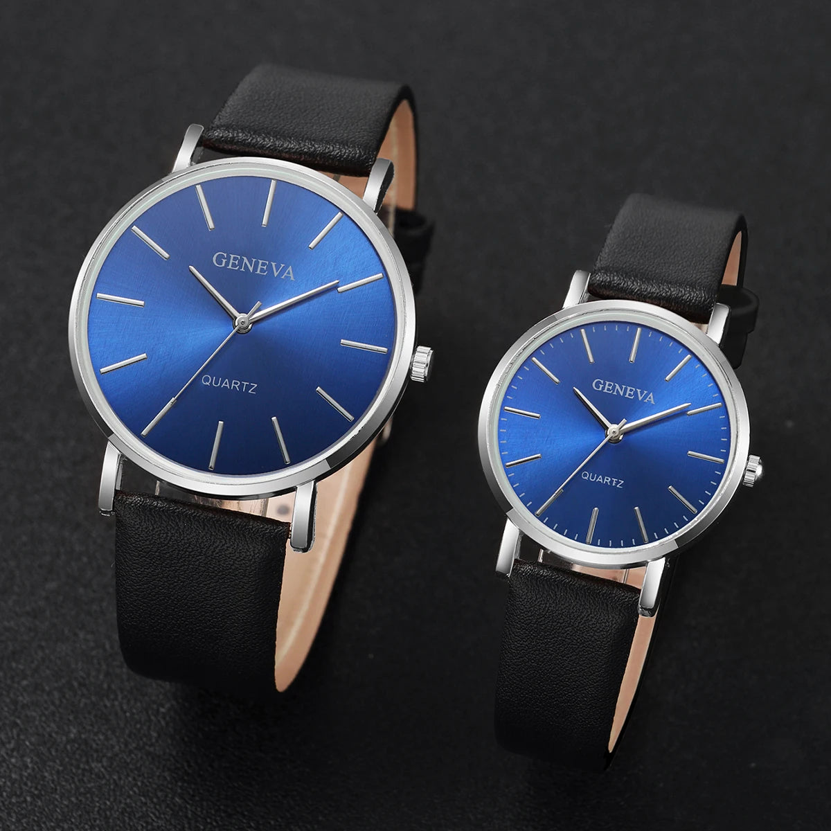 2PCS Couple's Watches Fashion Blue Dial Women Quartz Watch Men Leather Band Wristwatches Jewelry Precision