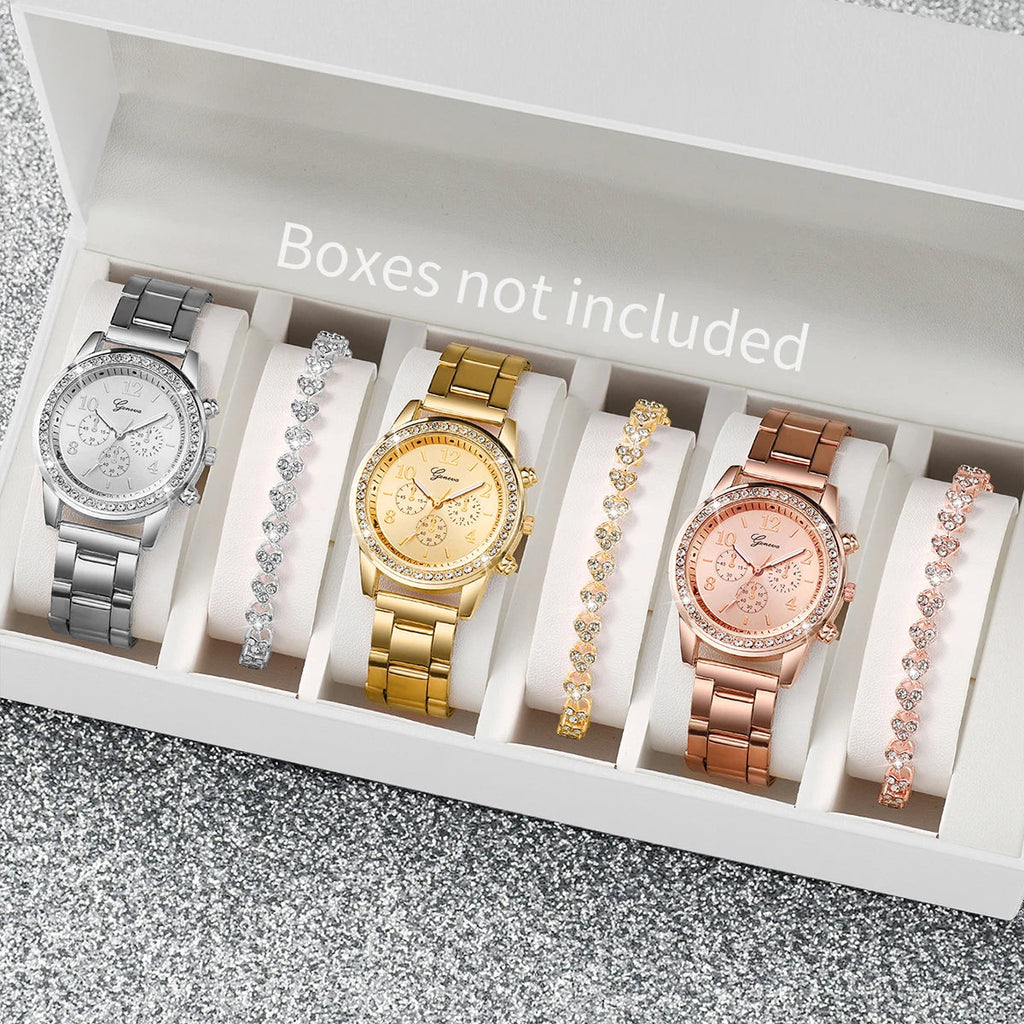 6PCS/Set Fashion Rhinestone Women's Watches Stainless Steel Band Quartz Watch Bracelets Set（Without Box） Jewelry Precision