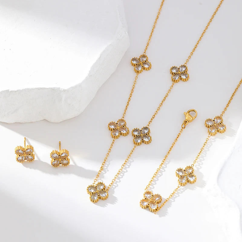 GANEMLY 316L Stainless Steel Clover Flower Zircon Necklace Jewelry Precision