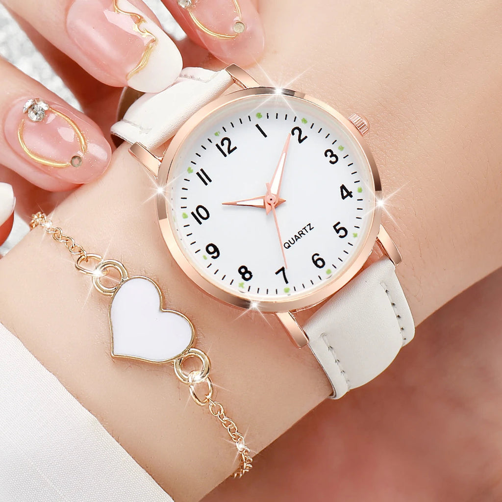 4/6PCS Fashion Arabic Dial Women Watches Ladies Leather Strap Quartz Wristwatch Heart Bracelets Set Reloj Mujer(Without Box) Jewelry Precision