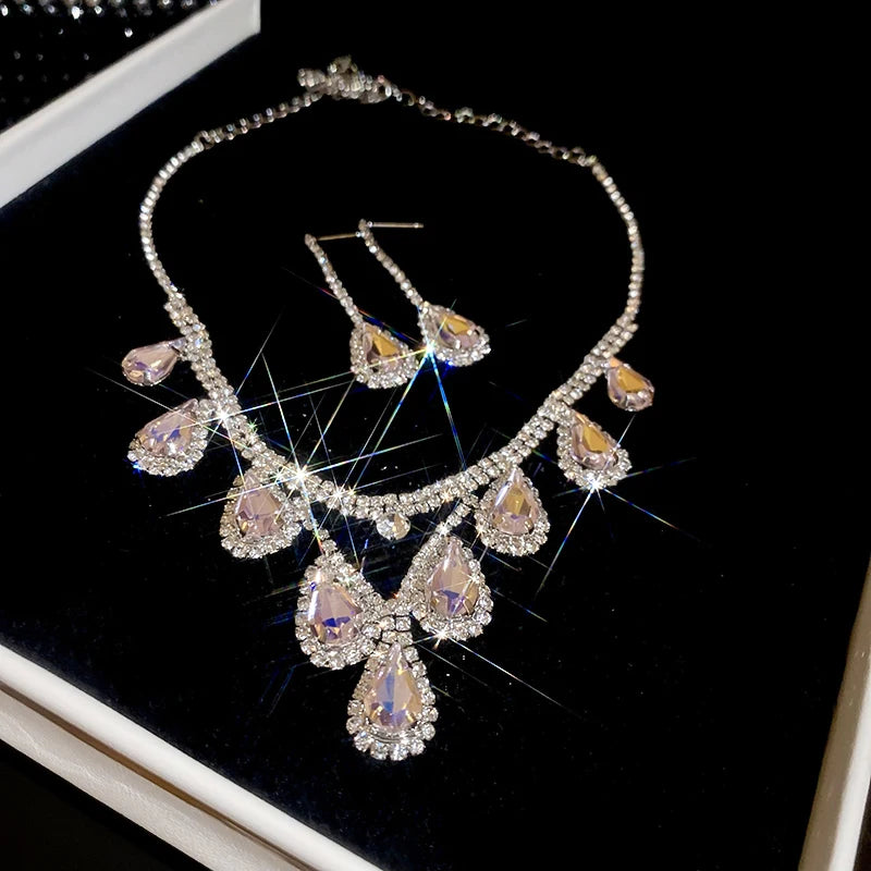 Large Water Drop Flower Necklace Earrings Set Shining Full Rhinestone Necklace For Women Bridal Wedding Party Jewelry Sets Jewelry Precision
