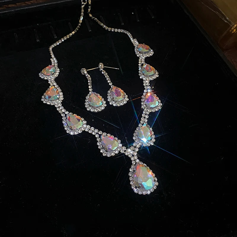 Inlaid Red Rhinestone Necklace Earring Set For Women Light Luxury Water Drop Choker Necklace Bridal Wedding Party Jewelry Sets Jewelry Precision