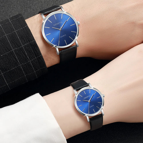 2PCS Couple's Watches Fashion Blue Dial Women Quartz Watch Men Leather Band Wristwatches Jewelry Precision