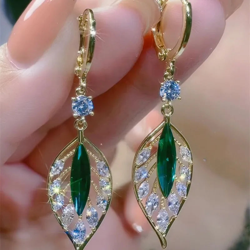 Green Crystal Golden Leaves Earrings for Women Individuality Daily Accessories Valentines Day Anniversary Birthday Jewelry Gifts Jewelry Precision