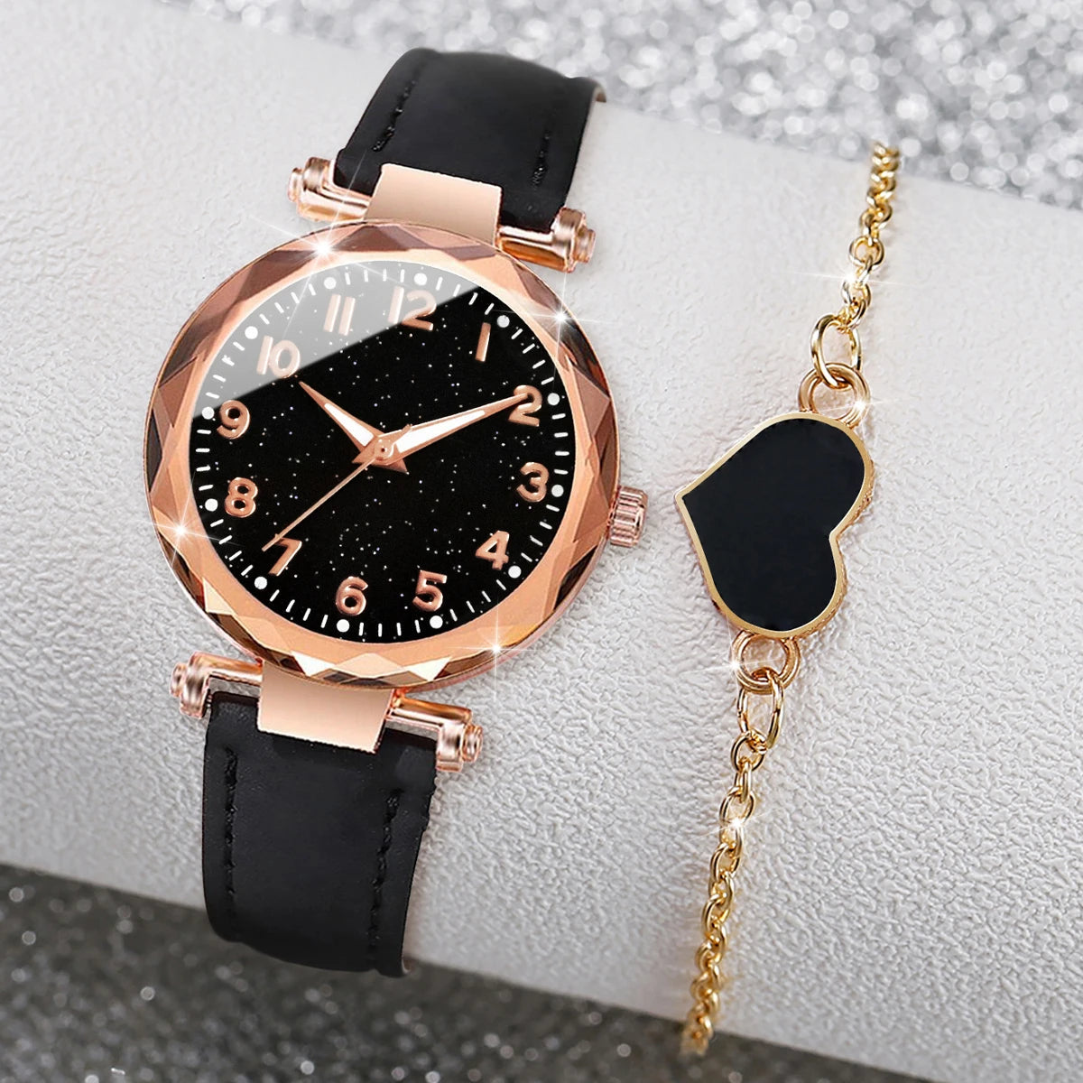 2PCS/Set Fashion Starry Sky Dial Women Watch Leather Band Quartz Watches Heart Bracelet Set Jewelry Precision