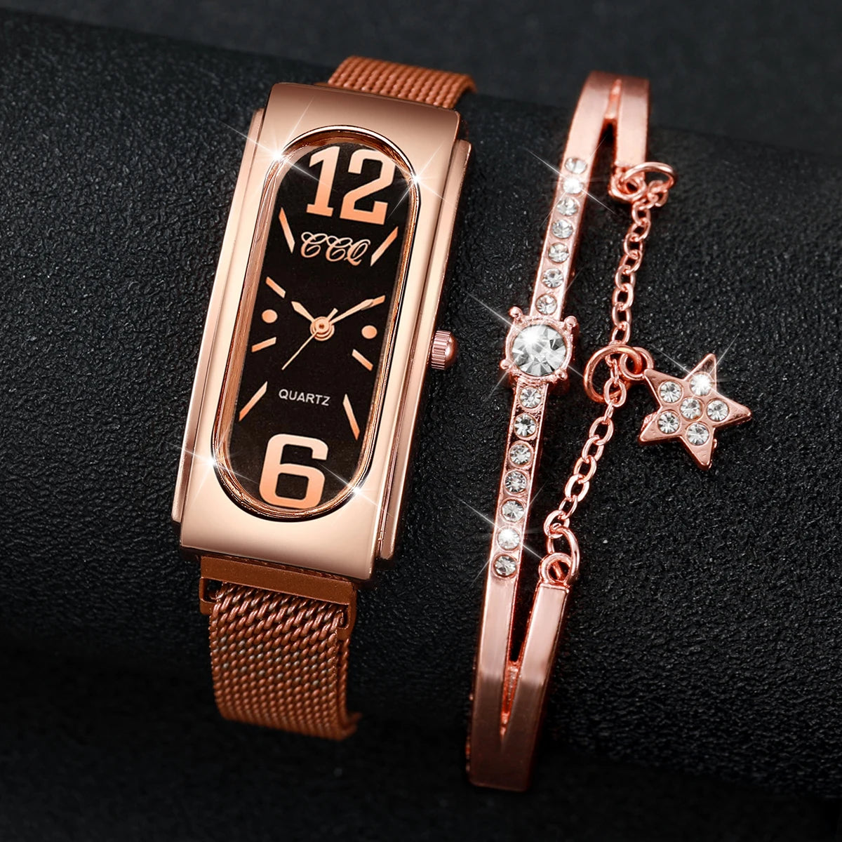 2PCS/Set Fashion Women's Watch Magnet Clasp Mesh Band Analog Quartz Watches Bracelet Set Jewelry Precision