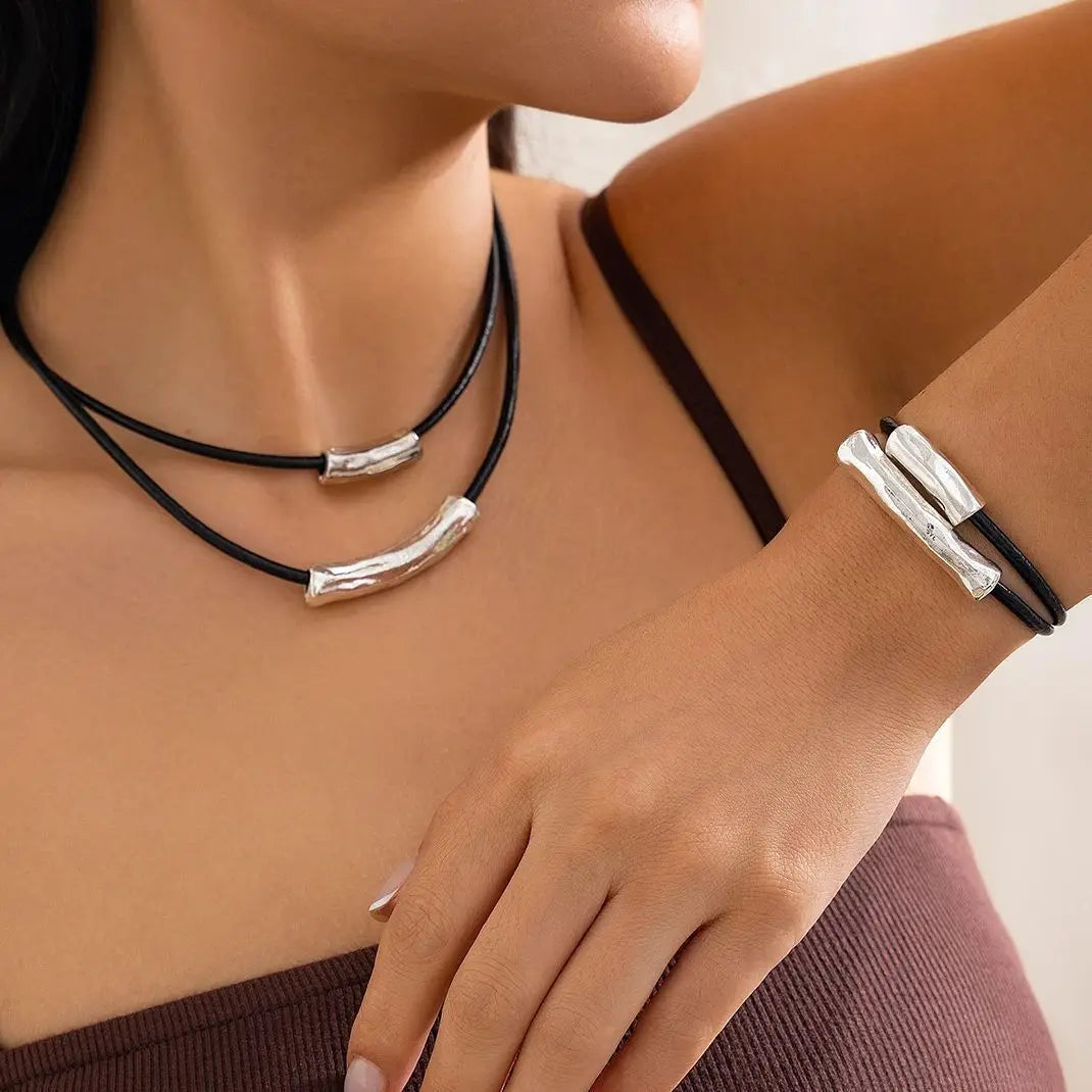 PuRui Trendy Double-layer Black Leather Wax Thread Adjustable Necklace Bracelet  Women Daily Versatile Aesthetic Jewelry Suit Jewelry Precision