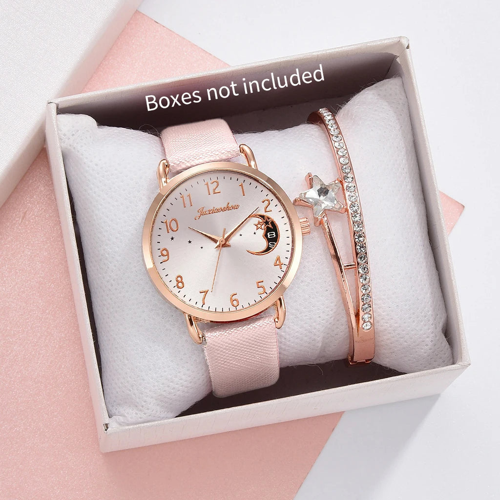 2PCS Fashion Moon Dial Women Quartz Watch Bracelet Set Casual Leather Strap Ladies Wristwatch Reloj Mujer（Without Box） Jewelry Precision