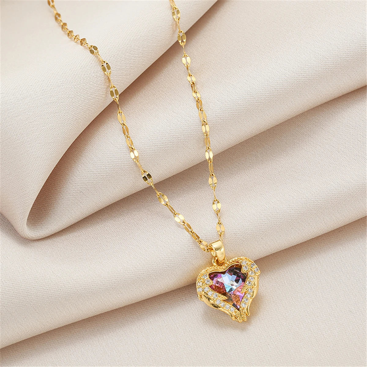 Top Luxury Colorful Crystal Ocean Heart Pendant Necklace For Women Trendy 316L Stainless Steel Jewelry Female Wedding Neck Chain Jewelry Precision