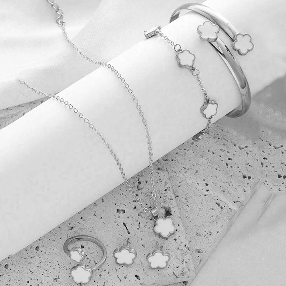 5pcs Lucky Five-petal Flower Women's Jewelry Set, Fashion Flower Bracelet + Necklace + Earrings + Bracelet + Ring, Birthday, Ann Jewelry Precision