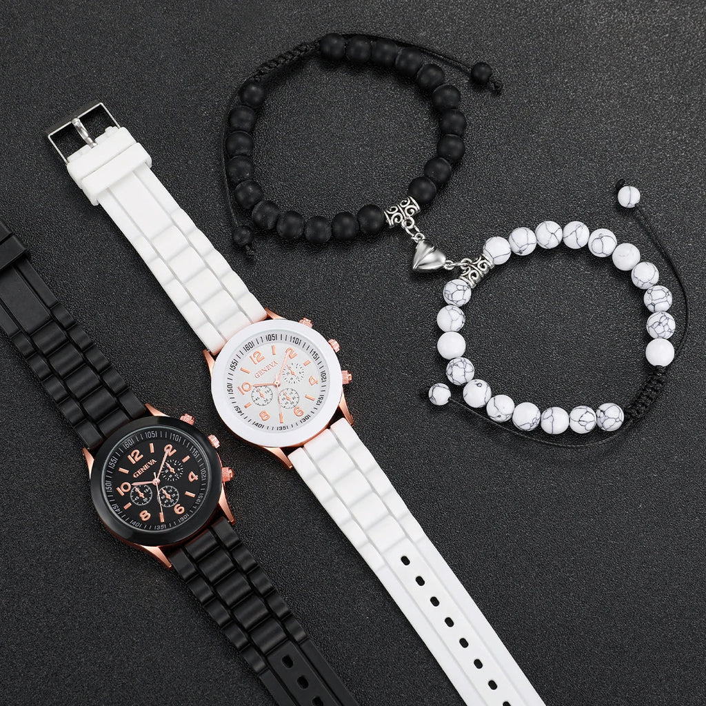 4PCS Couple Watches Fashion Arabic Women Quartz Watch Casual Silicone Band Wristwatches Magnet Heart-Shaped Bracelets Set Jewelry Precision