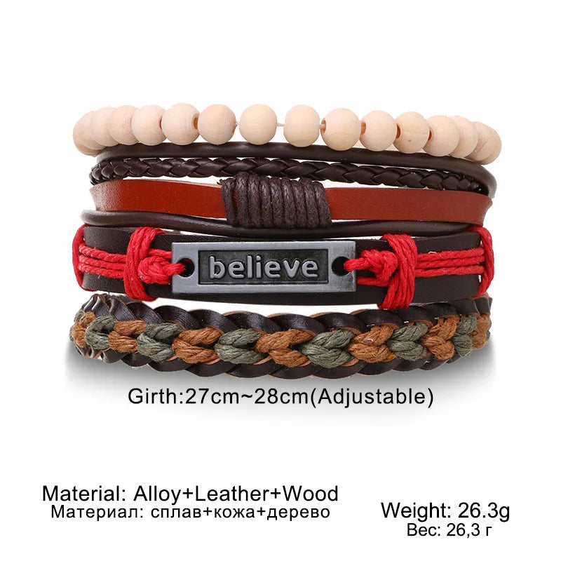 4Pcs/ Set Braided Wrap Leather Bracelets for Men Vintage Life Tree Rudder Charm Wood Beads Ethnic Tribal Wristband Rope Bracelet Jewelry Precision