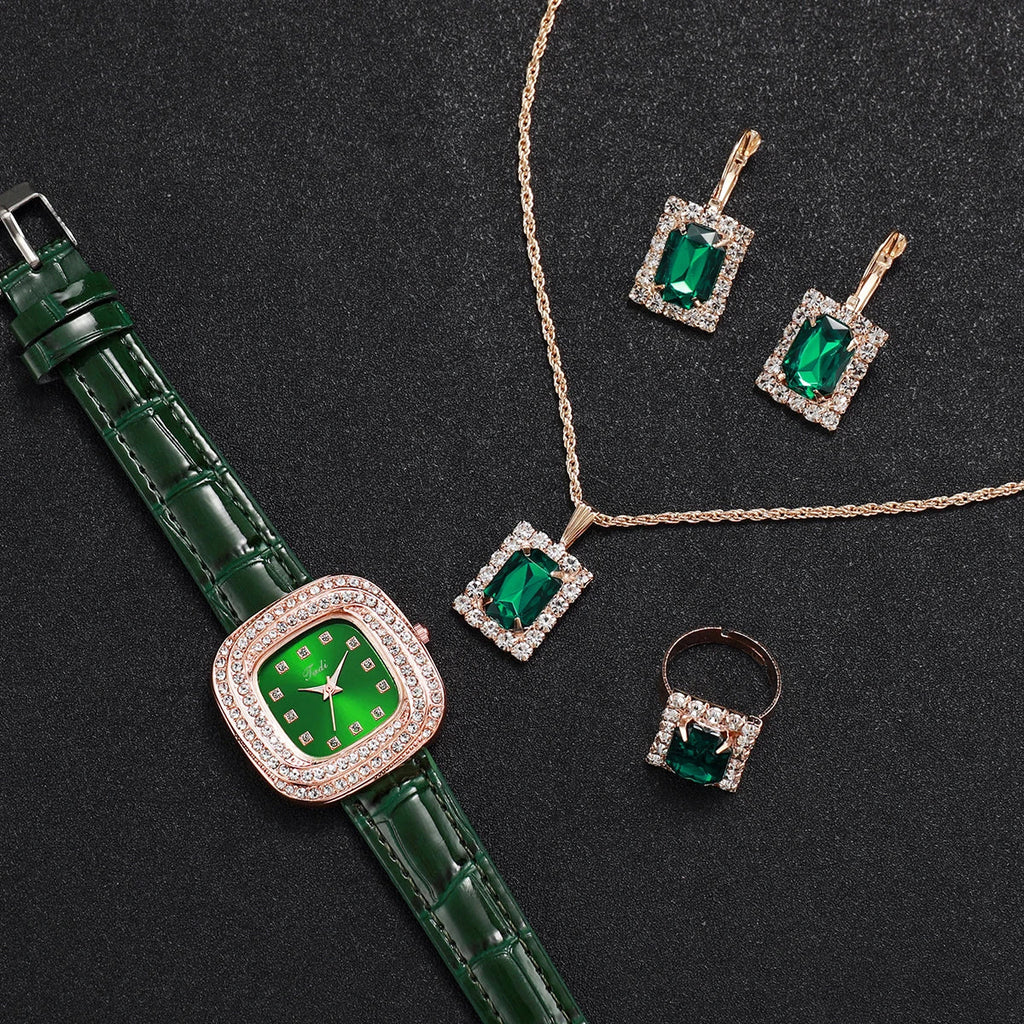 Fashion Full Diamond Square Women's Watch Leather Strap Quartz Watch Luxury Green Diamond Jewelry Set  (without box) Jewelry Precision