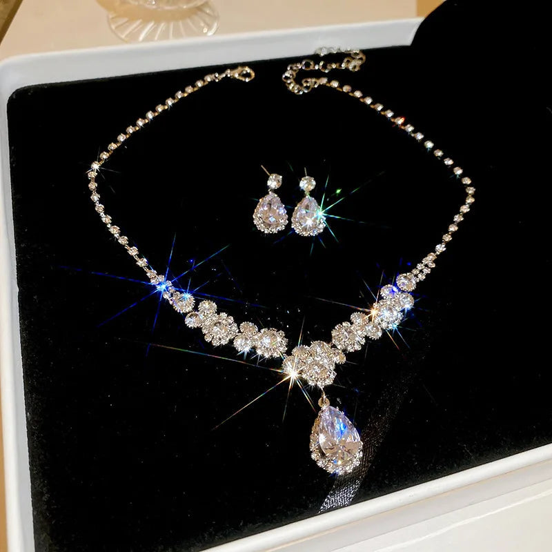 Large Water Drop Flower Necklace Earrings Set Shining Full Rhinestone Necklace For Women Bridal Wedding Party Jewelry Sets Jewelry Precision