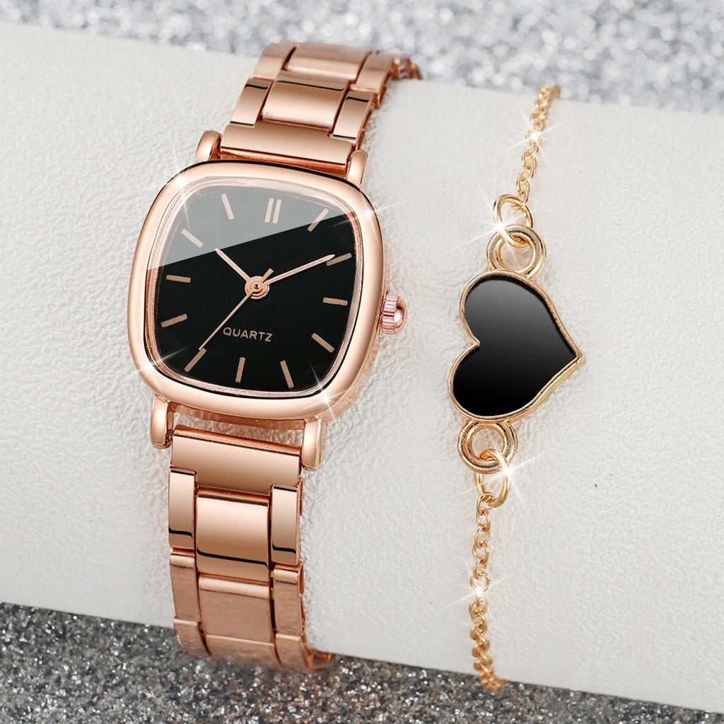 2PCS/Set Women's Watch Fashion Square Stainless Steel Band Quartz Watches Heart Bracelet Set Jewelry Precision