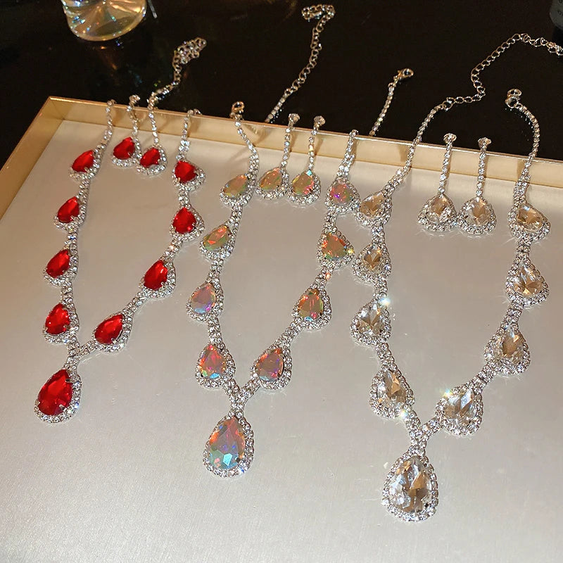 Inlaid Red Rhinestone Necklace Earring Set For Women Light Luxury Water Drop Choker Necklace Bridal Wedding Party Jewelry Sets Jewelry Precision