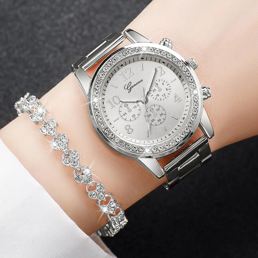 6PCS/Set Fashion Rhinestone Women's Watches Stainless Steel Band Quartz Watch Bracelets Set（Without Box） Jewelry Precision