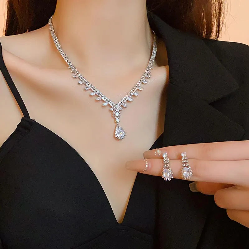 Large Water Drop Flower Necklace Earrings Set Shining Full Rhinestone Necklace For Women Bridal Wedding Party Jewelry Sets Jewelry Precision