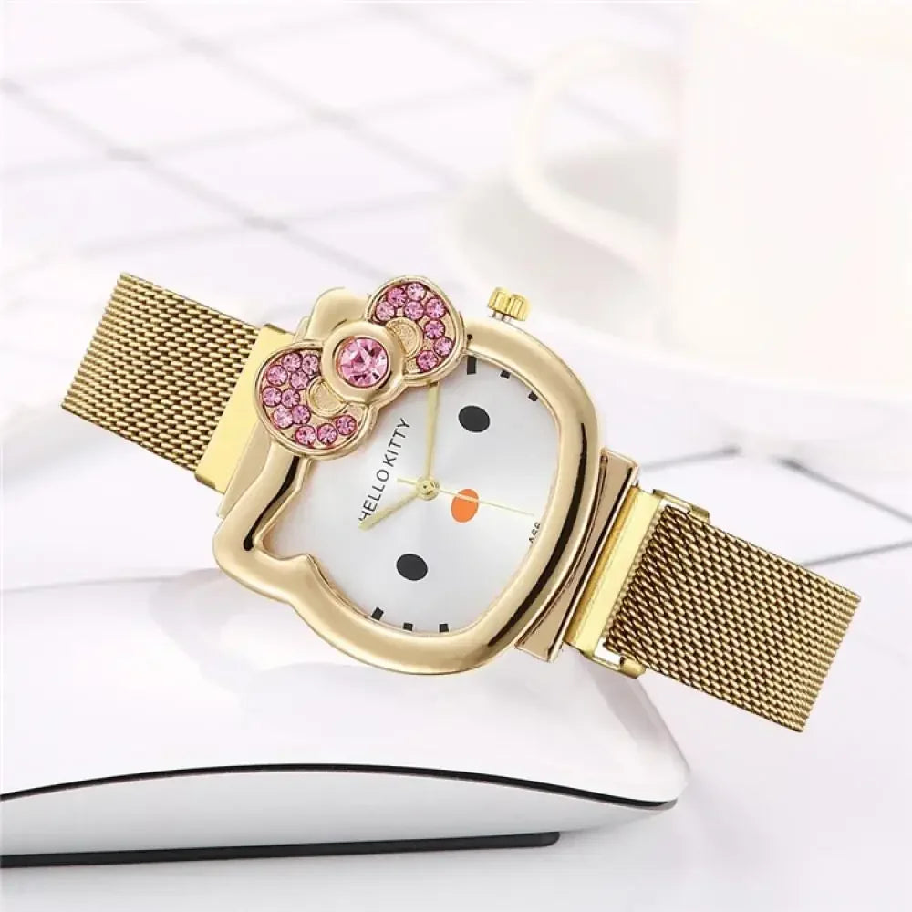 Hello Kitty Bow Diamond Watch Sanrio Anime Fashionable Quartz Watches Cute Cartoon Magnet Watches Girls Birthday Gifts Jewelry Precision