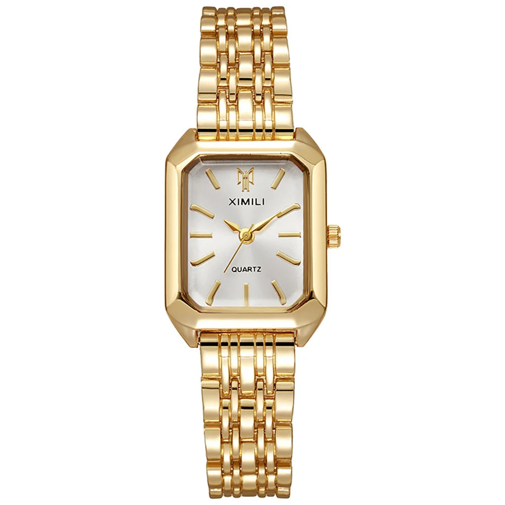 Luxury Ladies Fashion Quartz Watch Simple Scale Square Quality Gold Plated Women Watches Business Stainless Steel Folding Clock Jewelry Precision