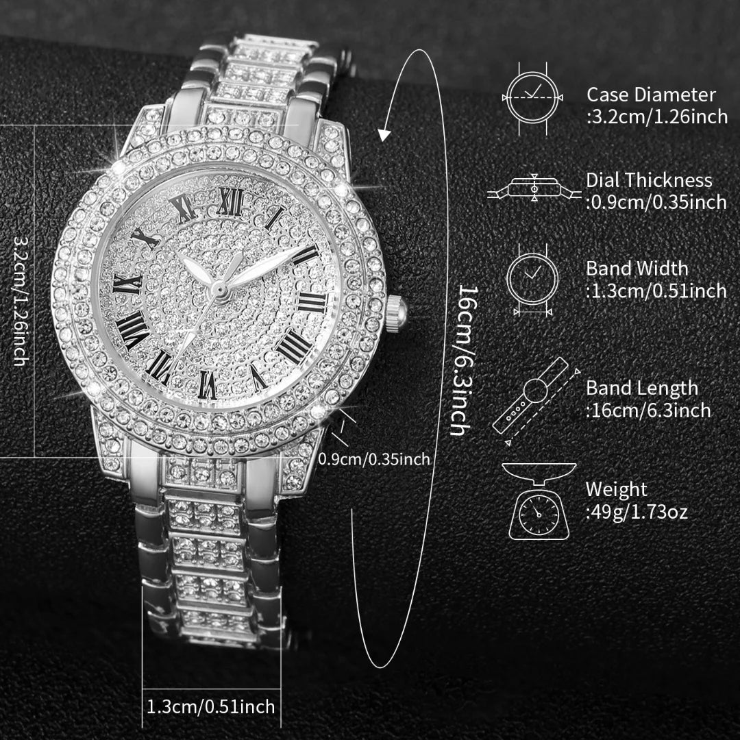 3PCS Women Watches Fashion Full Rhinestone Quartz Watch Stainless Steel Band Wristwatches（Without Box） Jewelry Precision