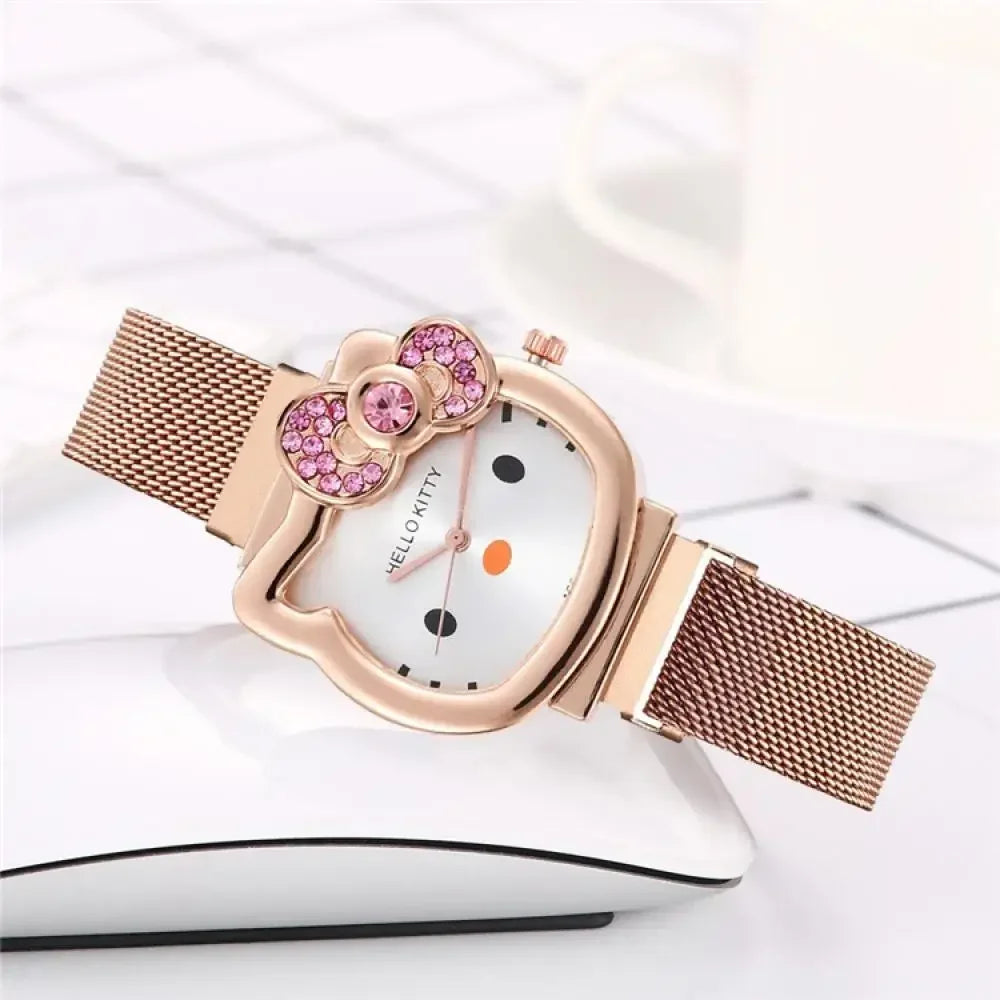 Hello Kitty Bow Diamond Watch Sanrio Anime Fashionable Quartz Watches Cute Cartoon Magnet Watches Girls Birthday Gifts Jewelry Precision