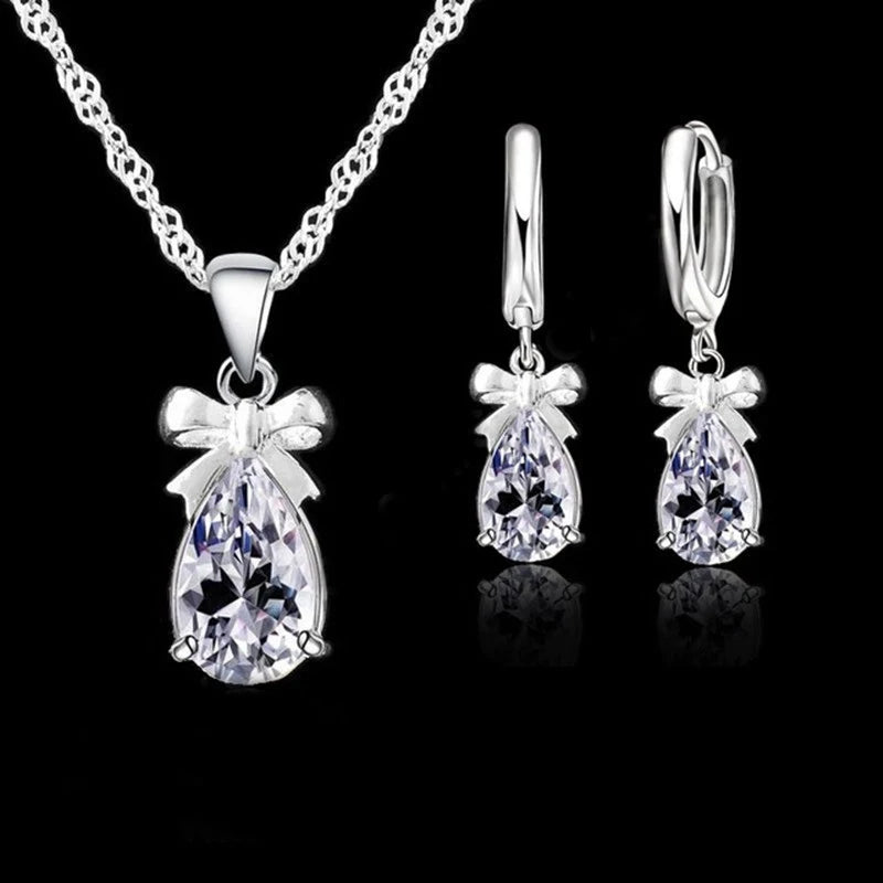 New Gift Set Real 925 Sterling Silver Color with White Stone Cubic Zirconia Dangle Earring Pendant Necklace Woman Jewelry Set Jewelry Precision