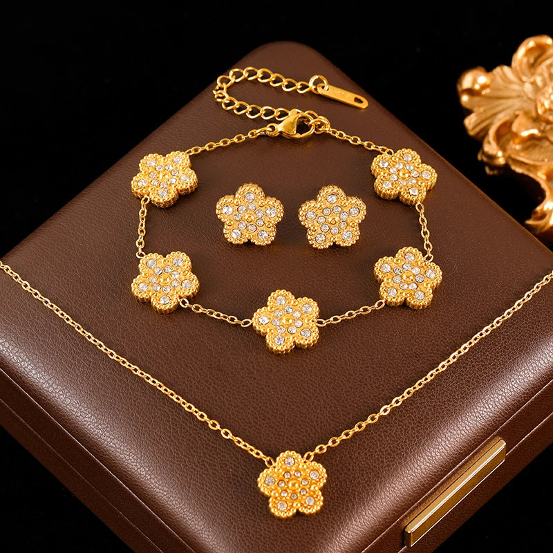GANEMLY 316L Stainless Steel Clover Flower Zircon Necklace Jewelry Precision