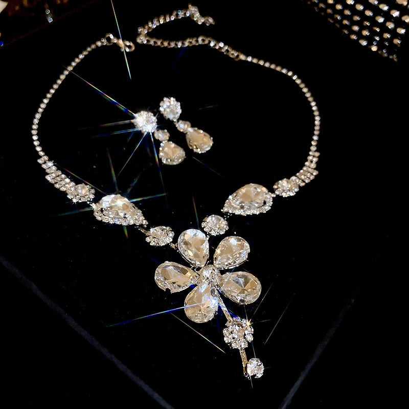 Large Water Drop Flower Necklace Earrings Set Shining Full Rhinestone Necklace For Women Bridal Wedding Party Jewelry Sets Jewelry Precision