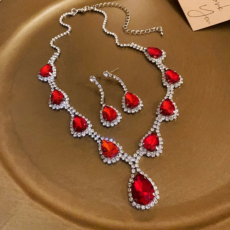Inlaid Red Rhinestone Necklace Earring Set For Women Light Luxury Water Drop Choker Necklace Bridal Wedding Party Jewelry Sets Jewelry Precision