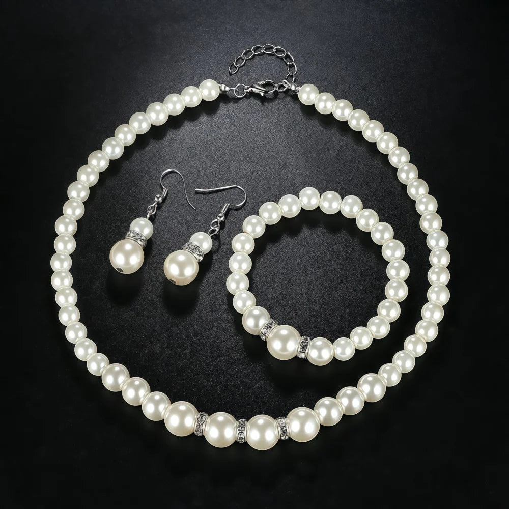 3 PCS Imitation Pearl Fireball Necklace Bracelet Earring Stud Jewelry Set Silver Color Crystal Stone Elegant Bridal Jewelry Gift Jewelry Precision