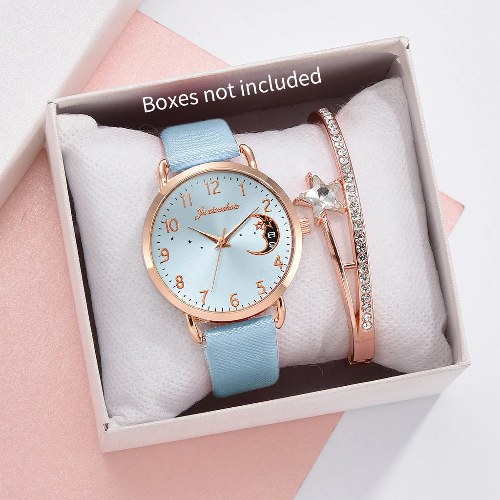 2PCS Fashion Moon Dial Women Quartz Watch Bracelet Set Casual Leather Strap Ladies Wristwatch Reloj Mujer（Without Box） Jewelry Precision