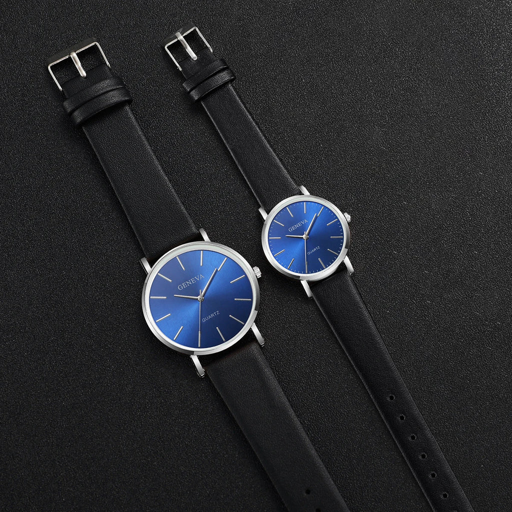 2PCS Couple's Watches Fashion Blue Dial Women Quartz Watch Men Leather Band Wristwatches Jewelry Precision