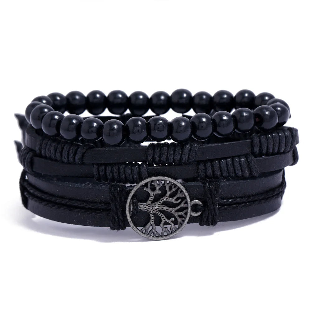 4Pcs/ Set Braided Wrap Leather Bracelets for Men Vintage Life Tree Rudder Charm Wood Beads Ethnic Tribal Wristband Rope Bracelet Jewelry Precision