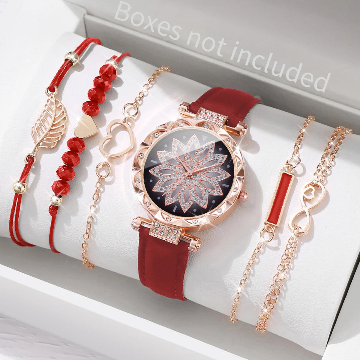 6PCS/Set Fashion Heart Dial Women's Watch Casual Leather Band Analog Quartz Watch Leaf Bracelets Set（Without Box） Jewelry Precision