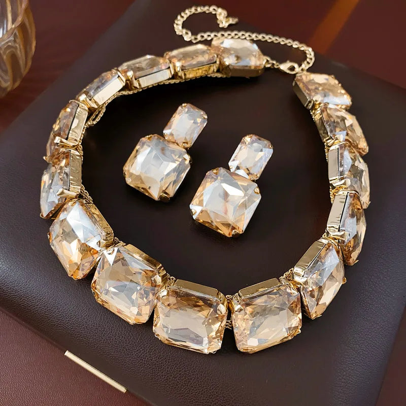 Inlaid Red Rhinestone Necklace Earring Set For Women Light Luxury Water Drop Choker Necklace Bridal Wedding Party Jewelry Sets Jewelry Precision