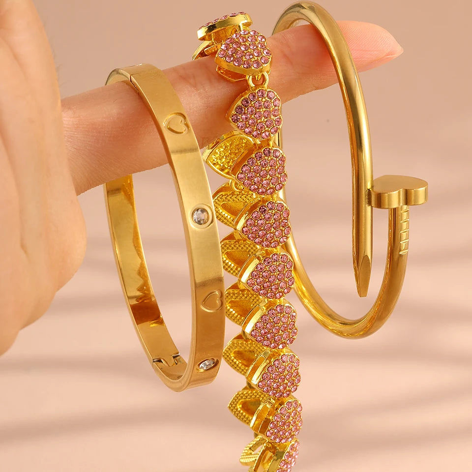ZAKOL 3Pcs/Set Shiny Heart-shaped Rhinestone Stainless Steel Bracelet Jewelry Precision