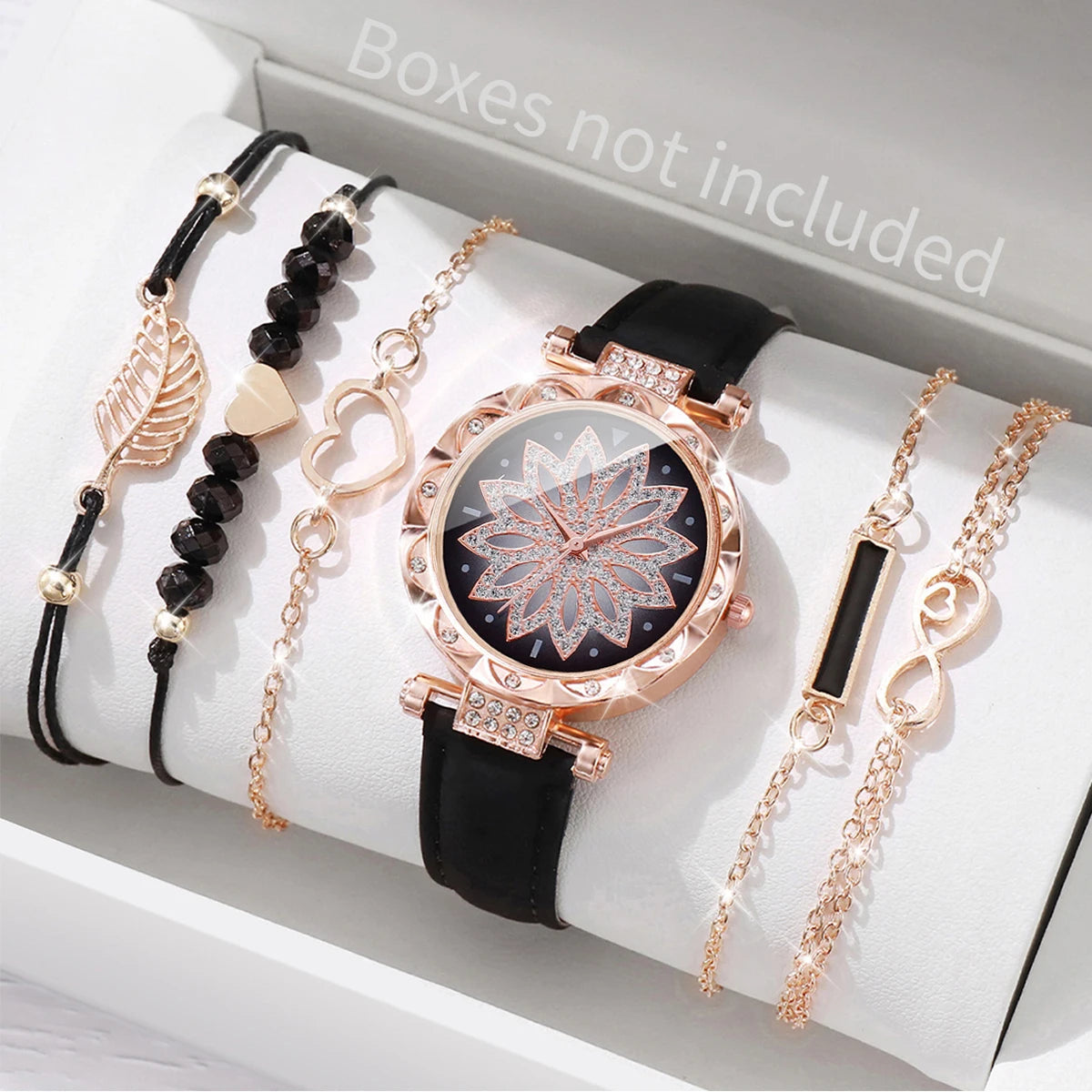 6PCS/Set Fashion Heart Dial Women's Watch Casual Leather Band Analog Quartz Watch Leaf Bracelets Set（Without Box） Jewelry Precision