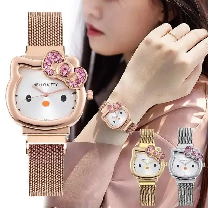 Hello Kitty Bow Diamond Watch Sanrio Anime Fashionable Quartz Watches Cute Cartoon Magnet Watches Girls Birthday Gifts Jewelry Precision