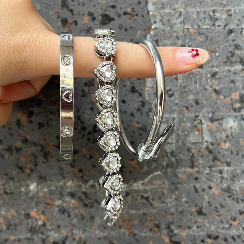 ZAKOL 3Pcs/Set Shiny Heart-shaped Rhinestone Stainless Steel Bracelet Jewelry Precision