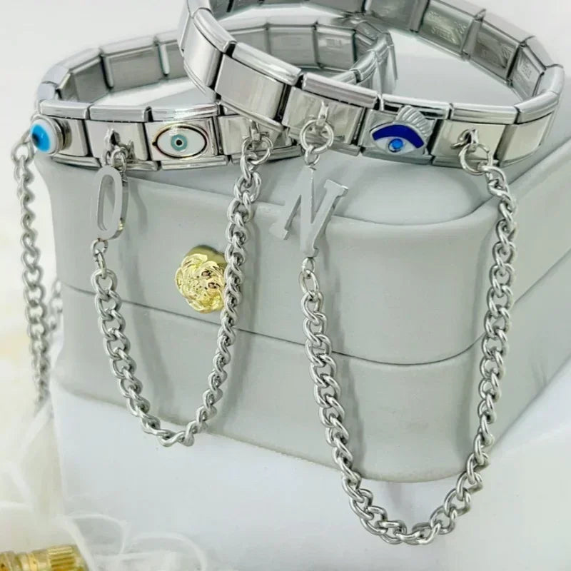 Fashion Chain Letter Elastic Charm Italian Links Fit 9mm Stainless Steel Modular Bracelet Making Women DIY Jewelry Jewelry Precision