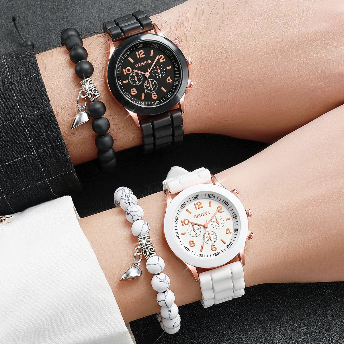 4PCS Couple Watches Fashion Arabic Women Quartz Watch Casual Silicone Band Wristwatches Magnet Heart-Shaped Bracelets Set Jewelry Precision