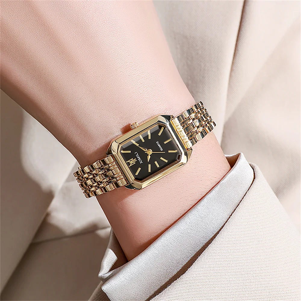 Luxury Ladies Fashion Quartz Watch Simple Scale Square Quality Gold Plated Women Watches Business Stainless Steel Folding Clock Jewelry Precision