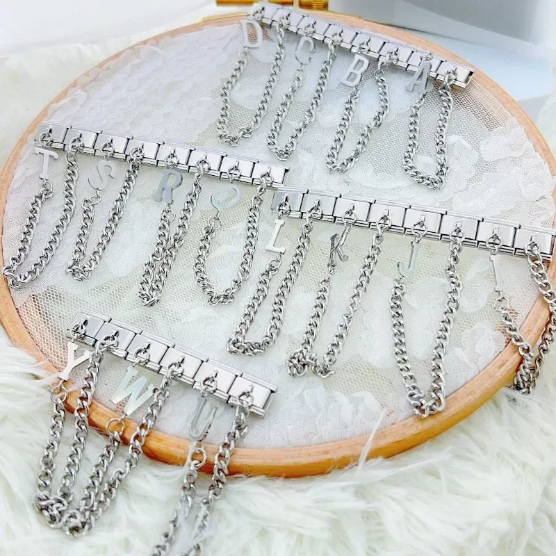 Fashion Chain Letter Elastic Charm Italian Links Fit 9mm Stainless Steel Modular Bracelet Making Women DIY Jewelry Jewelry Precision