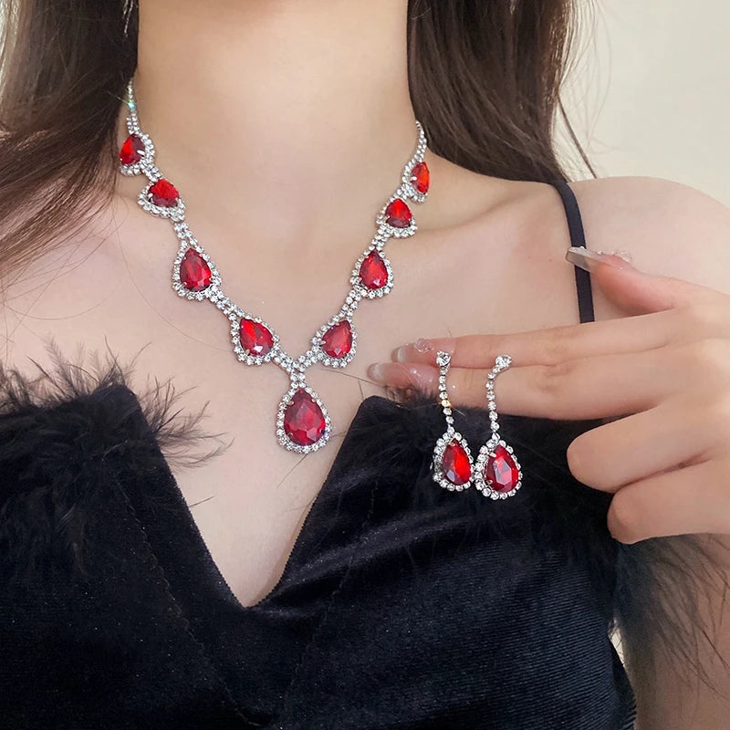 Inlaid Red Rhinestone Necklace Earring Set For Women Light Luxury Water Drop Choker Necklace Bridal Wedding Party Jewelry Sets Jewelry Precision