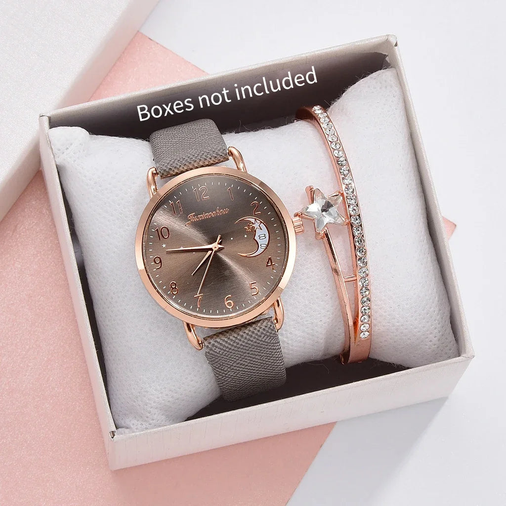 2PCS Fashion Moon Dial Women Quartz Watch Bracelet Set Casual Leather Strap Ladies Wristwatch Reloj Mujer（Without Box） Jewelry Precision