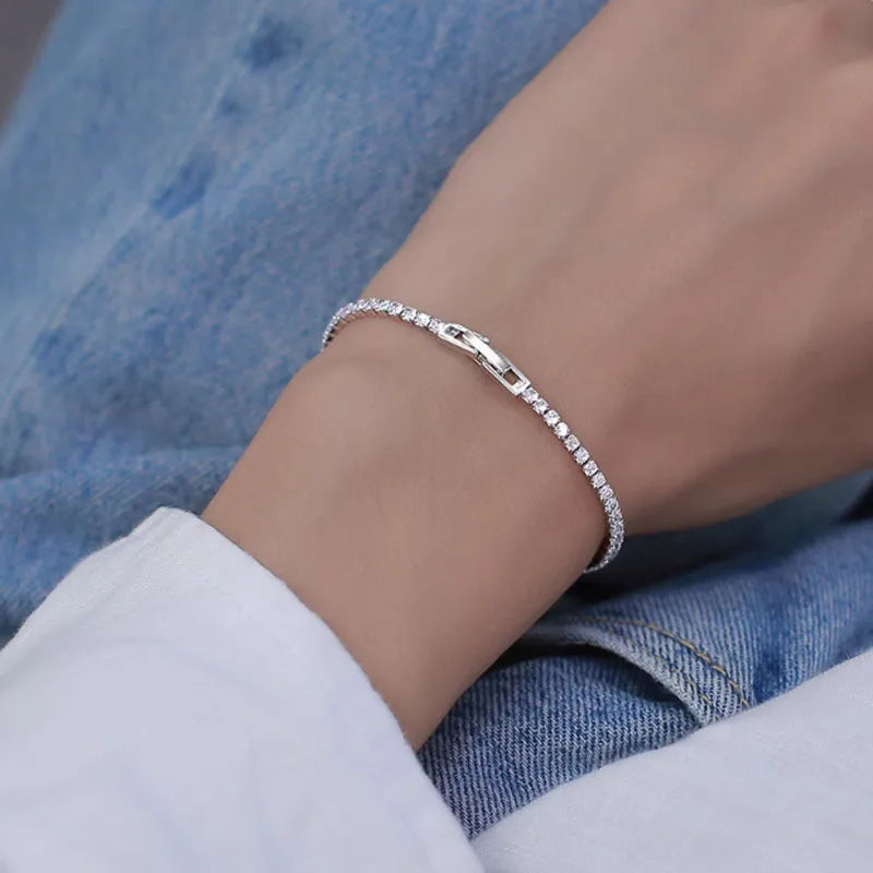 Hot Sterling 925 Silver Full AAA Zircon Bracelet Fine Jewelry 16cm-19cm 2-3mm Shiny CZ Accessories For Women Anniversary Gift Jewelry Precision